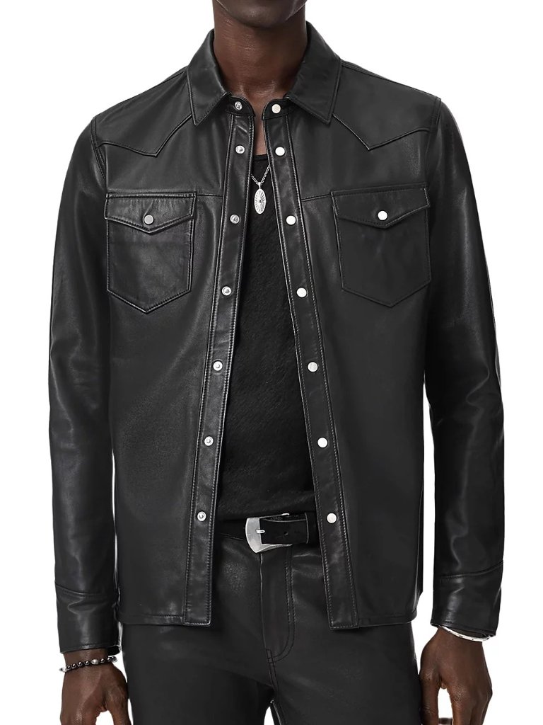 John Varvatos Men's Sage Western Pearl Snap Pockets Leather Shirt Jacket Black